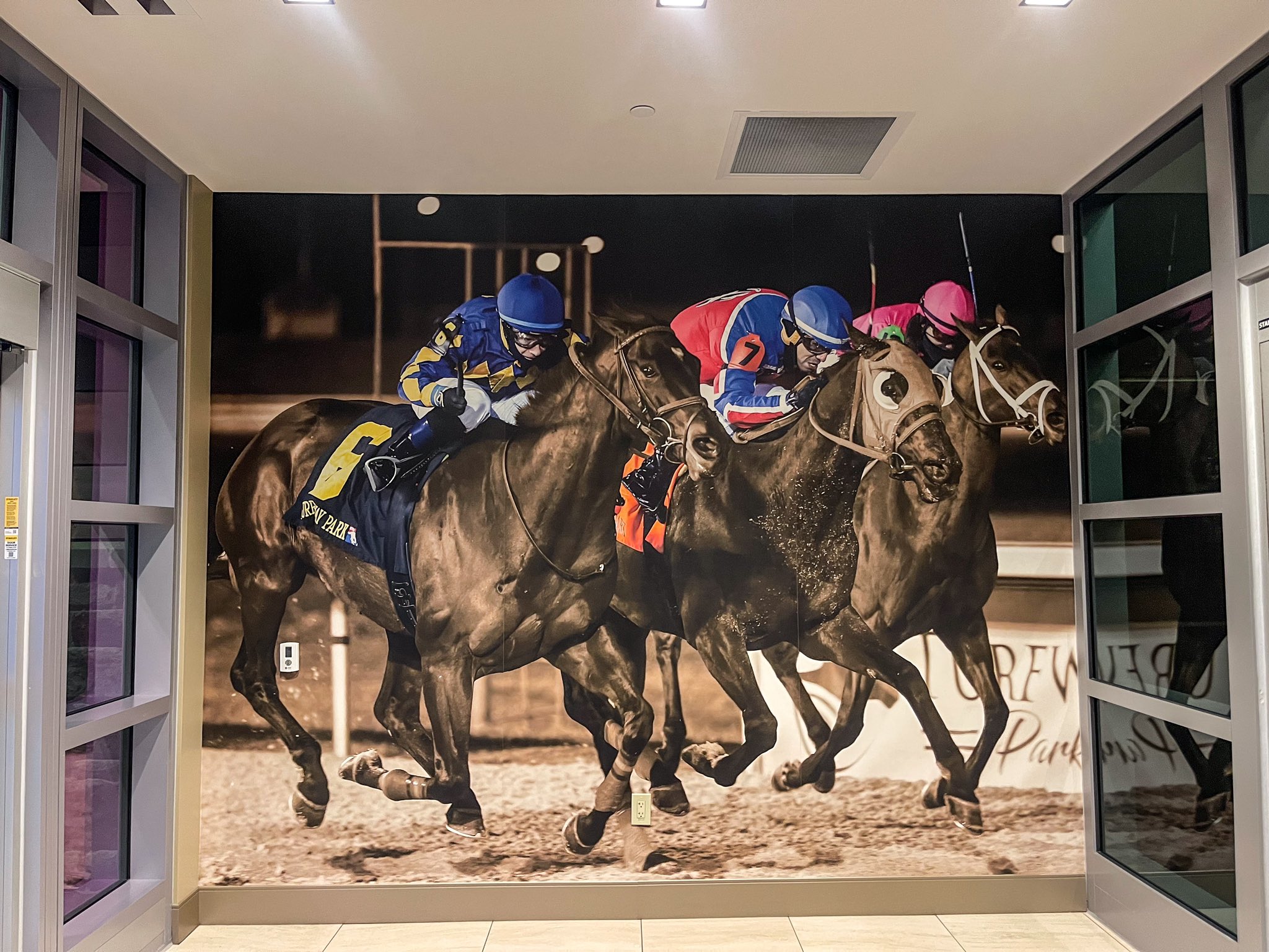 Made in America immortalized in a mural of the Forego Stakes win at Turfway Park